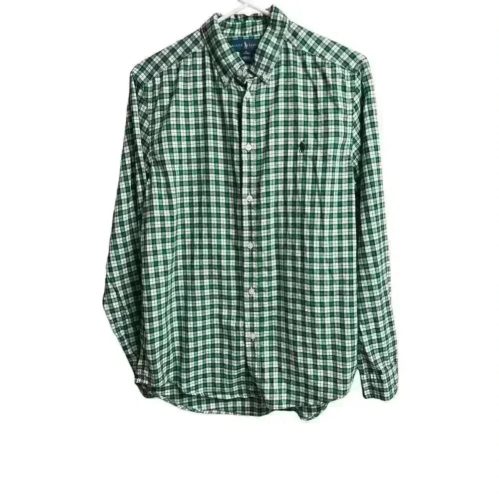 Ralph Lauren Boy's Button Up Green Black White Plaid XL 18-20 Cotton